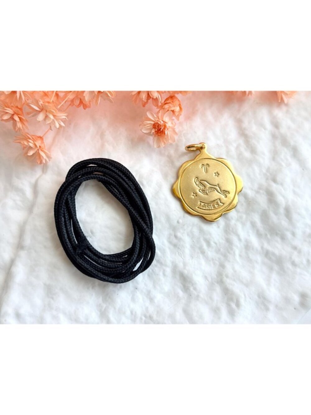 Aries Zodiac Scalloped Gold Toned Vintage Pendant Necklace w/ Black Rope - 26" - Picture 4 of 16